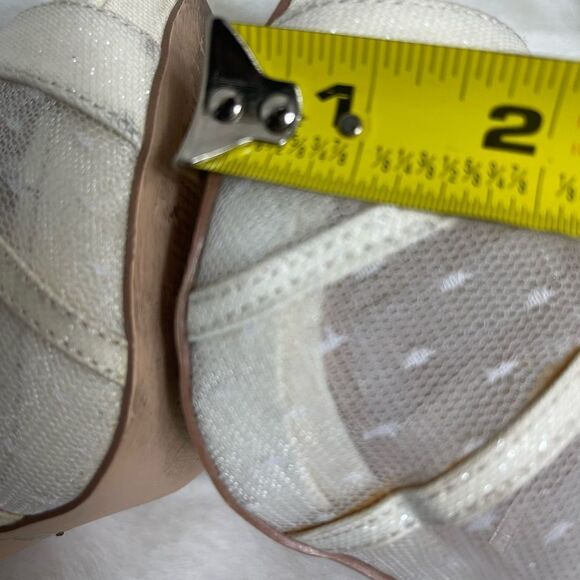 De Blossom collection beige iridescent textile & mesh ankle platform heels SZ10 - Picture 9 of 11